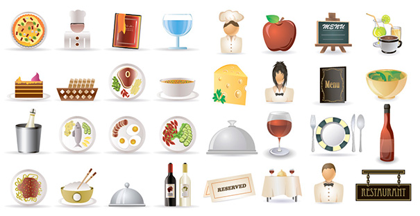 32 иконки на ресторанную тему. Выполнены в формате PNG с белым фоном